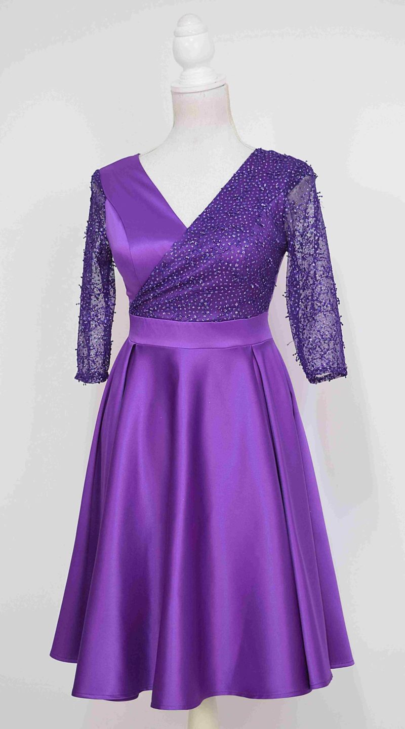 Rochie de ocazie din tafta mov si broderie cu gliter Noelia