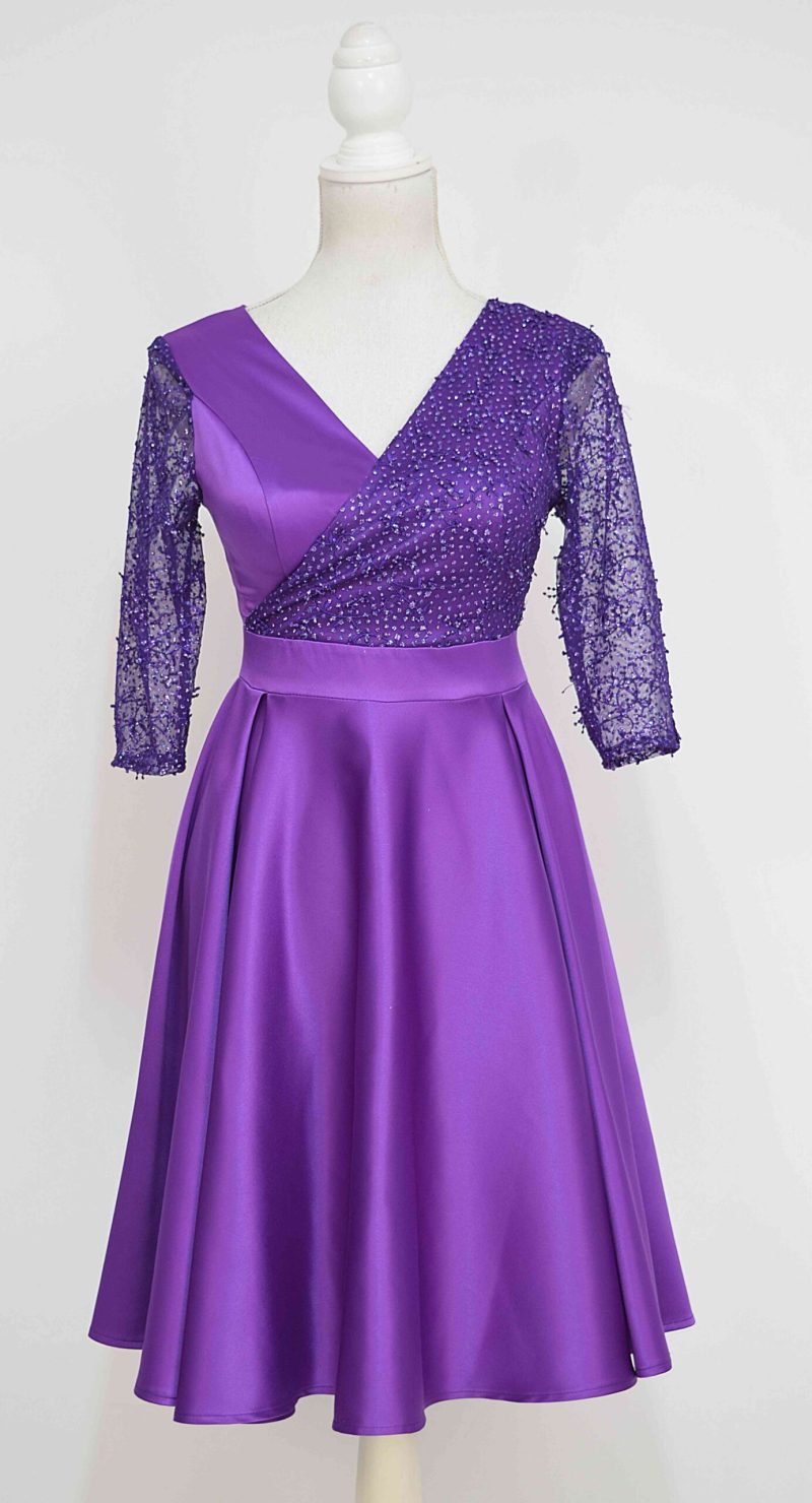 Rochie de ocazie din tafta mov si broderie cu gliter Noelia