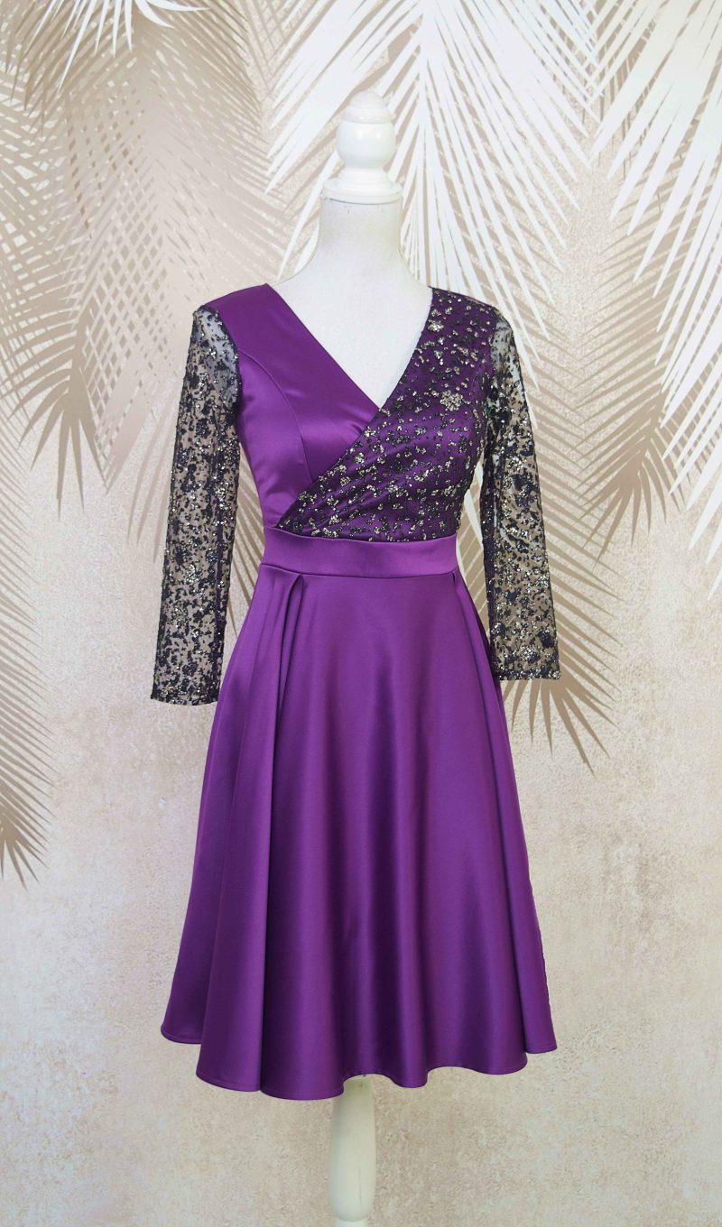 Rochie de ocazie din tafta mov cu tulle cu gliter Noelia