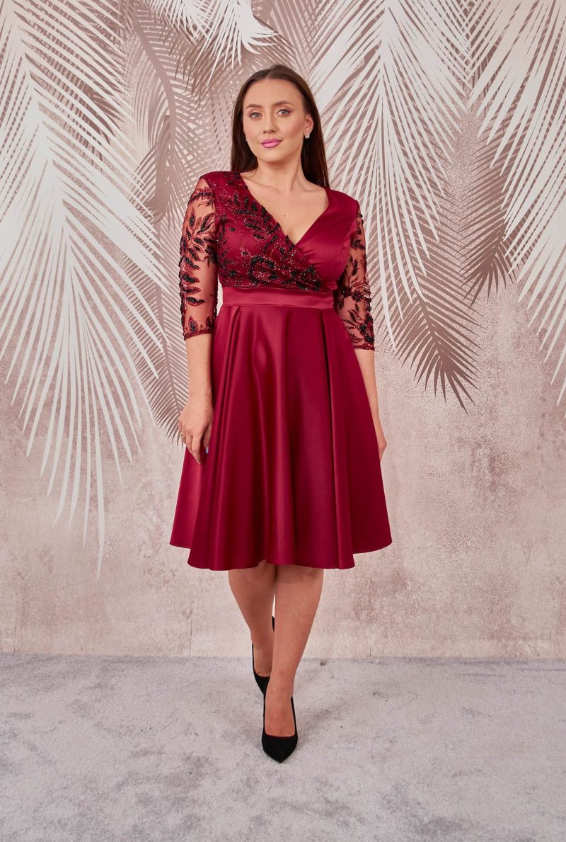 Rochie de ocazie din tafta visinie cu broderie 3D Britney