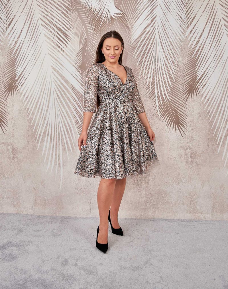 Rochie de ocazie clos aurie cu tulle-gliter Mussette