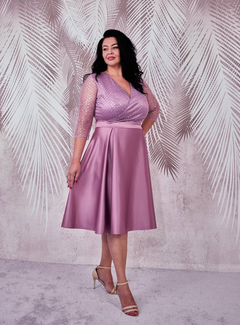 Rochie de ocazie din tafta ros-pruna si tiul cu gliter Lila
