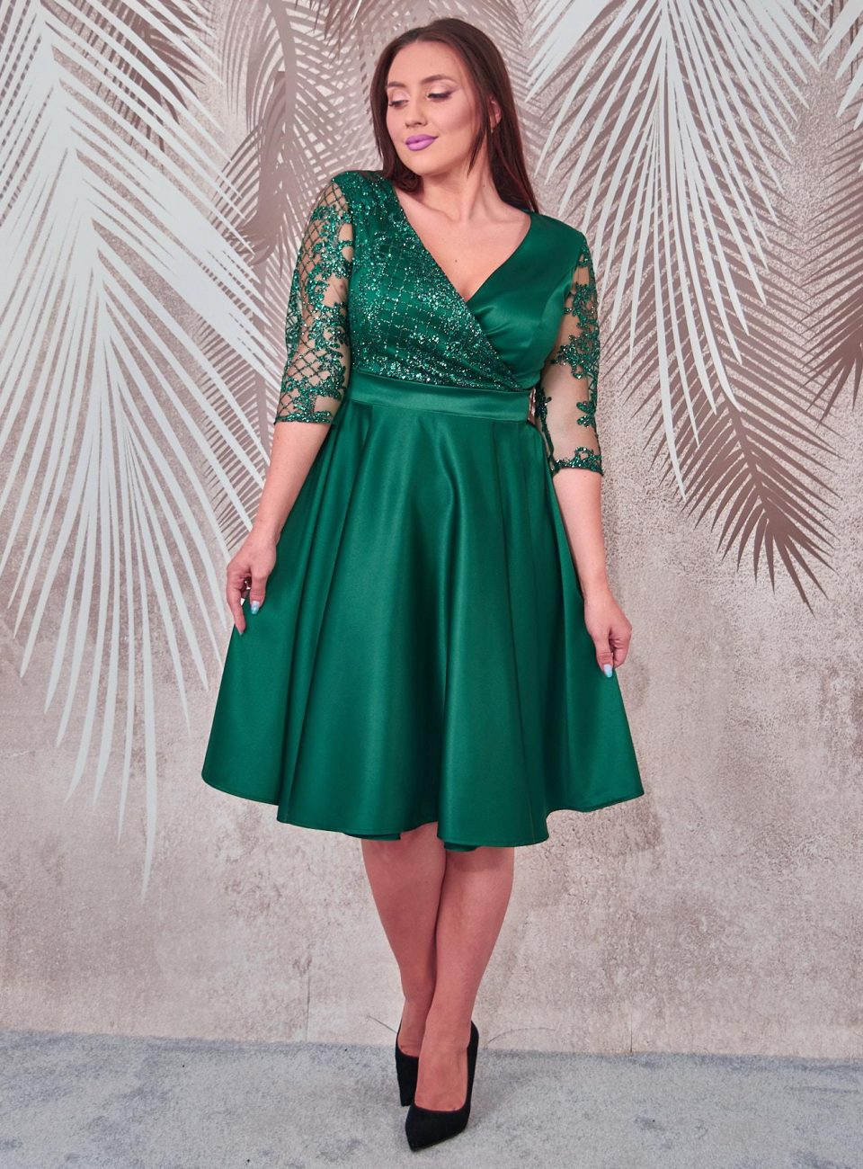 Rochie de ocazie din tafta verde cu tulle cu gliter Evelin