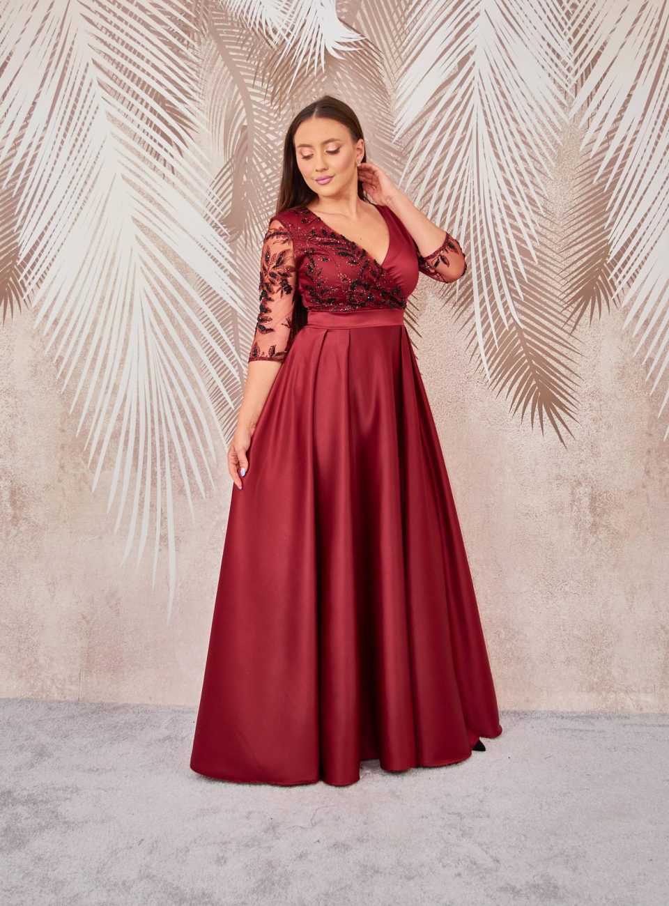 Rochie lunga din tafta visinie cu broderie 3D Britney