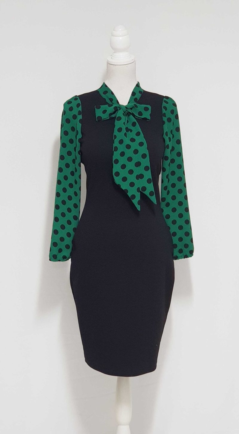 Rochie office cu maneci si esarfa verde cu buline