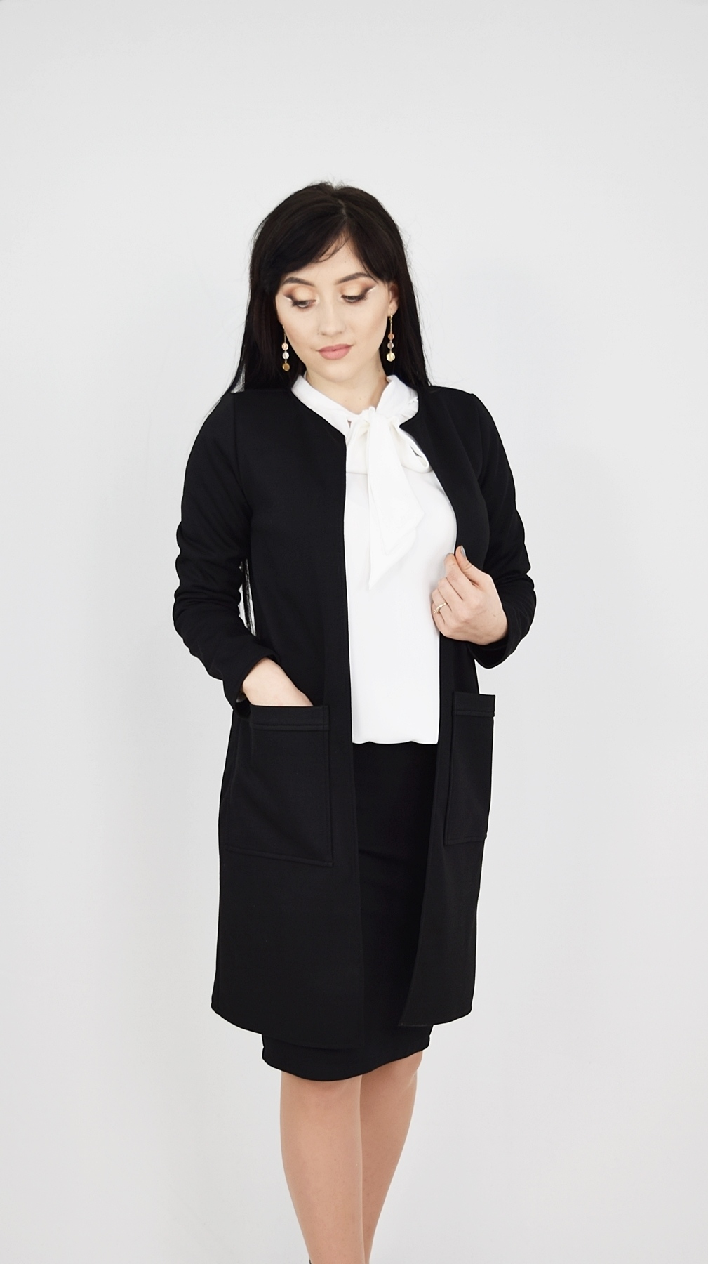 Compleu cardigan negru cu fusta neagra si bluza alba - 2 | YEO