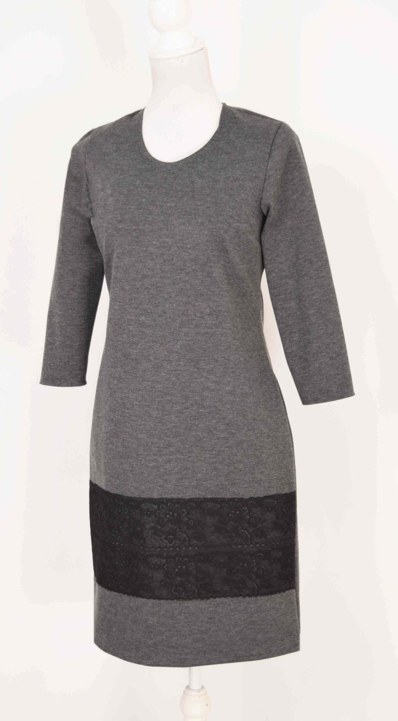 Compleu elegant gri cu broderie dantela neagra