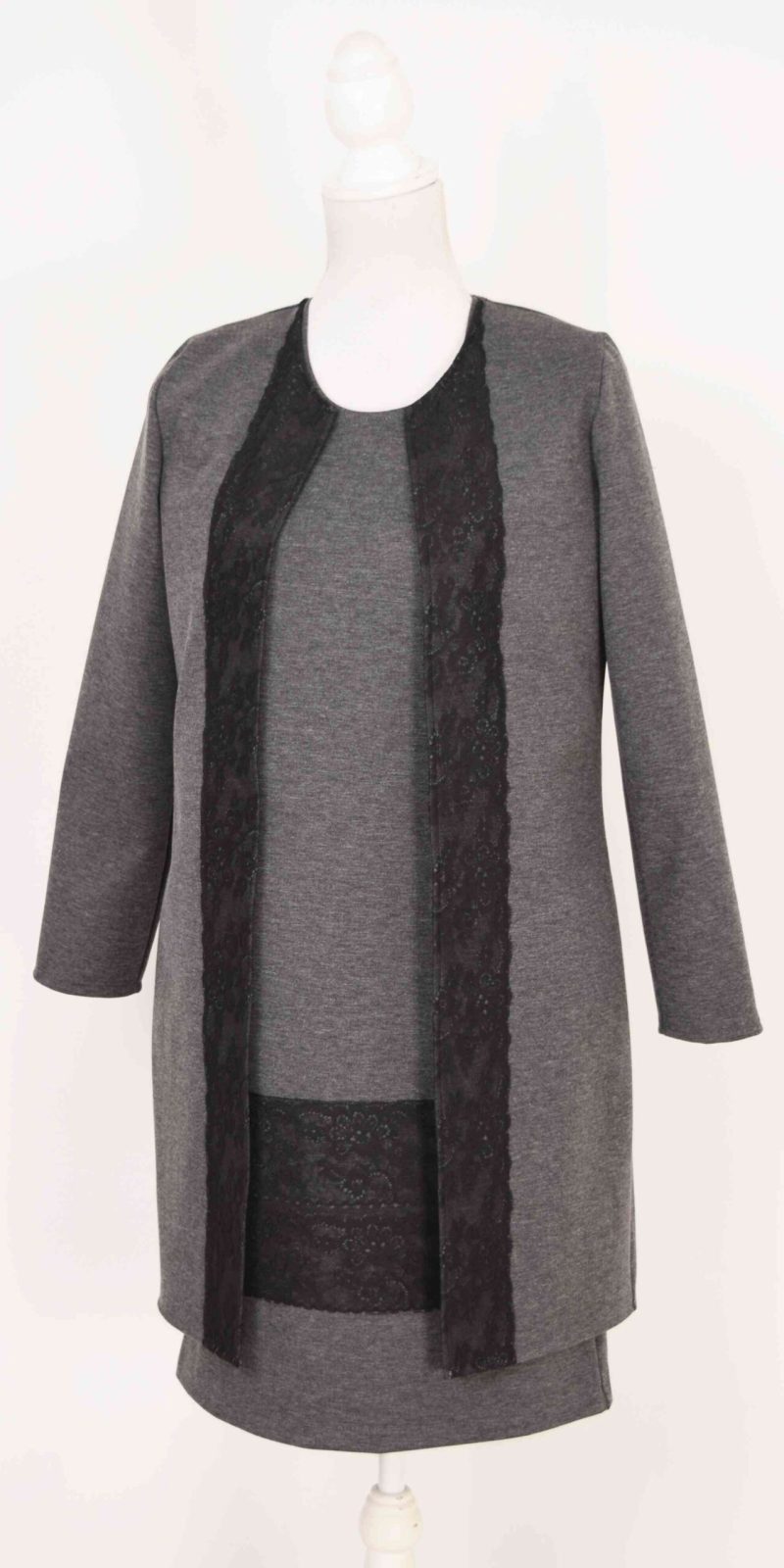 Compleu elegant gri cu broderie dantela neagra