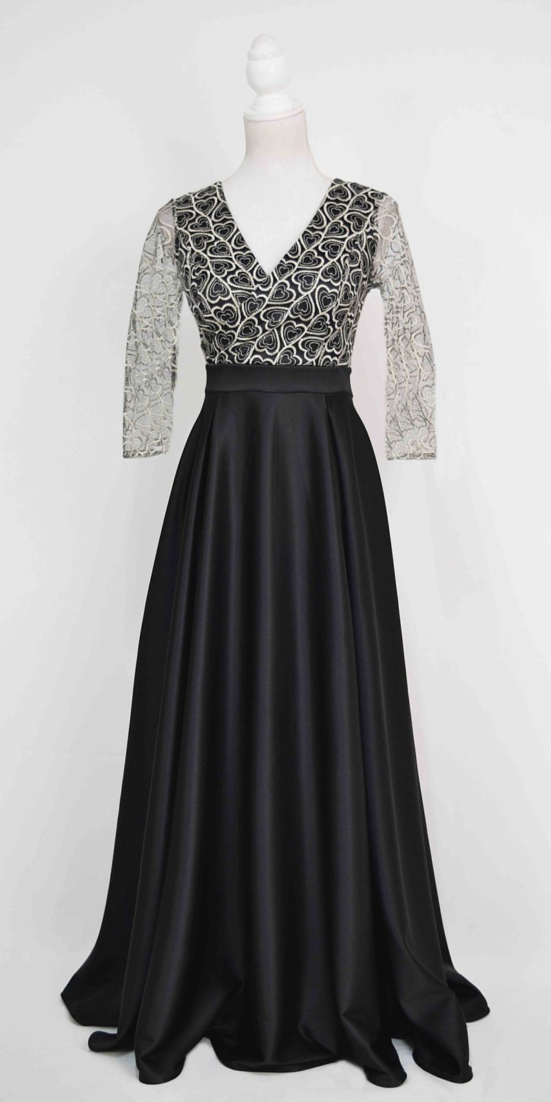 Rochie lunga neagra Stefania din tafta si bust bej auriu