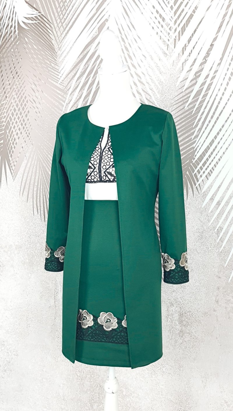 Compleu cardigan si fusta verde cu broderie si cu bluza alba cu broderie Melania