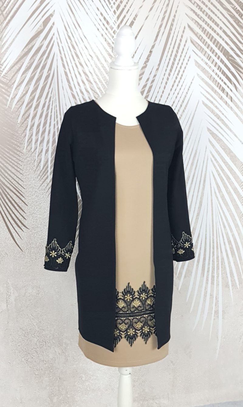 Compleu cardigan negru elegant si rochie mustar cu broderie Renata