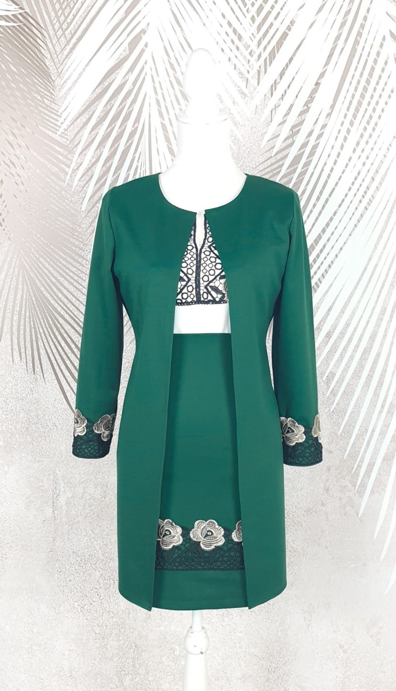 Compleu cardigan si fusta verde cu broderie si cu bluza alba cu broderie Melania