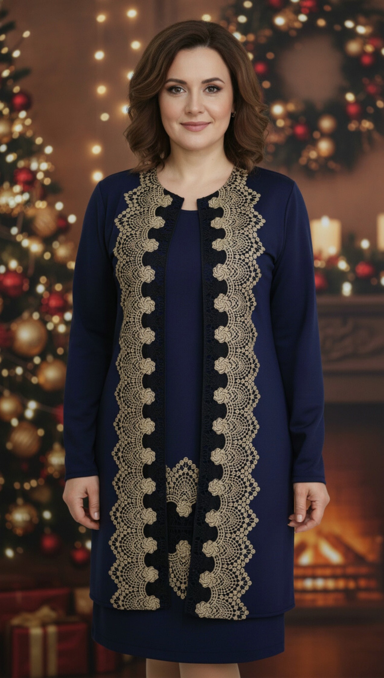 Compleu elegant bleumarin cu broderie Tania