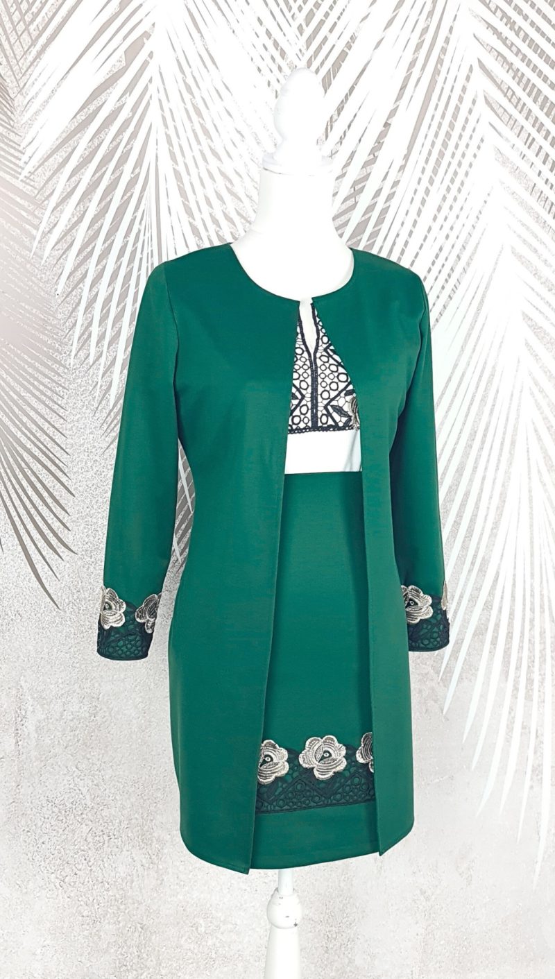 Compleu cardigan si fusta verde cu broderie si cu bluza alba cu broderie Melania
