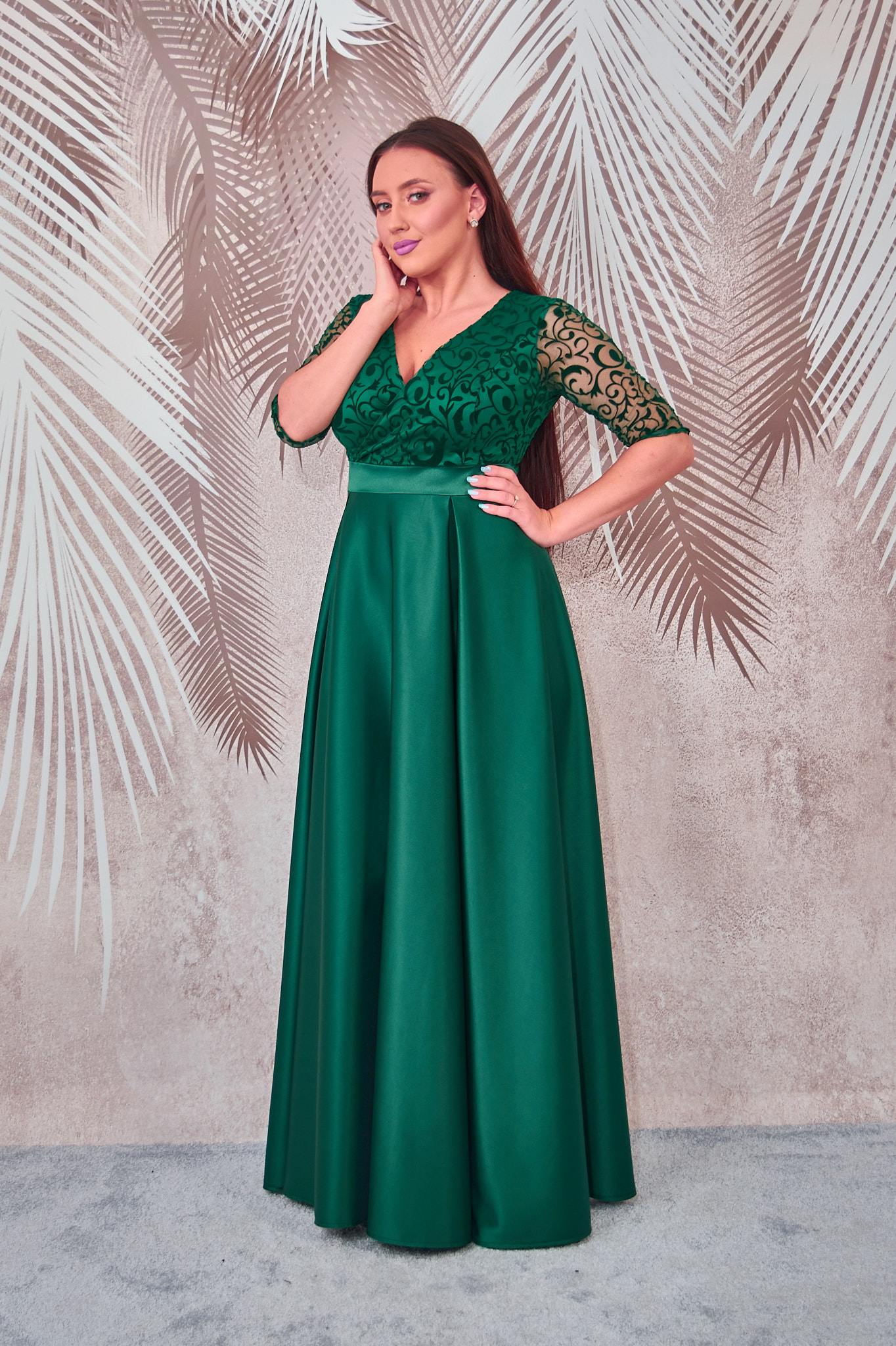 Rochie lunga din tafta verde cu broderie catifelata Carla - 4 | YEO