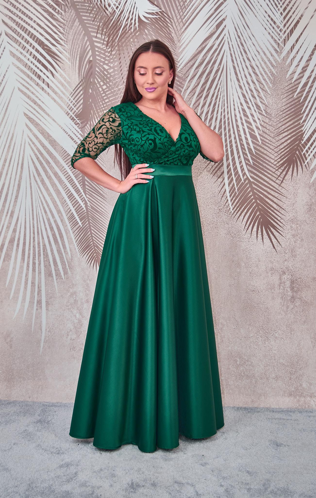 Rochie lunga din tafta verde cu broderie catifelata Carla - 1 | YEO