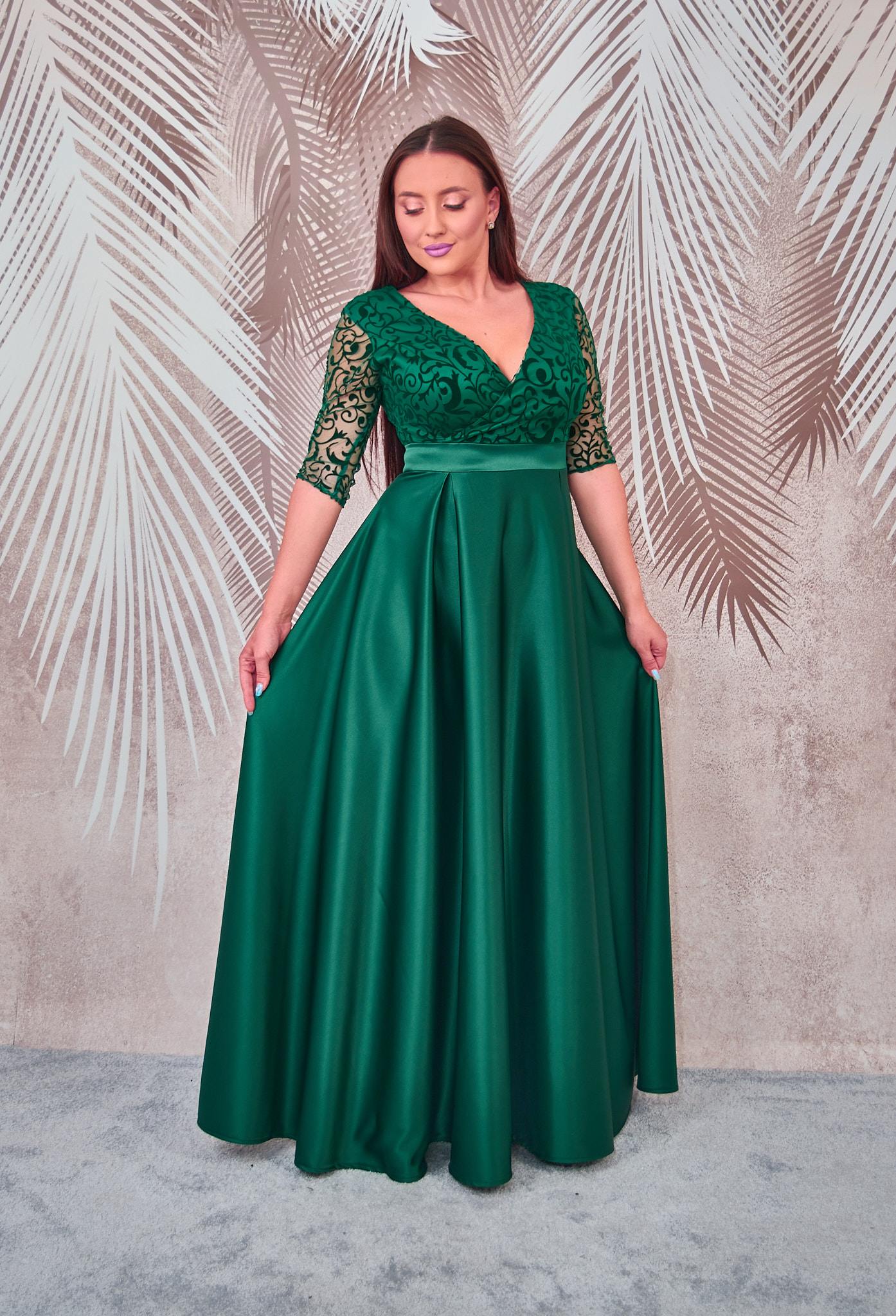 Rochie lunga din tafta verde cu broderie catifelata Carla - 2 | YEO