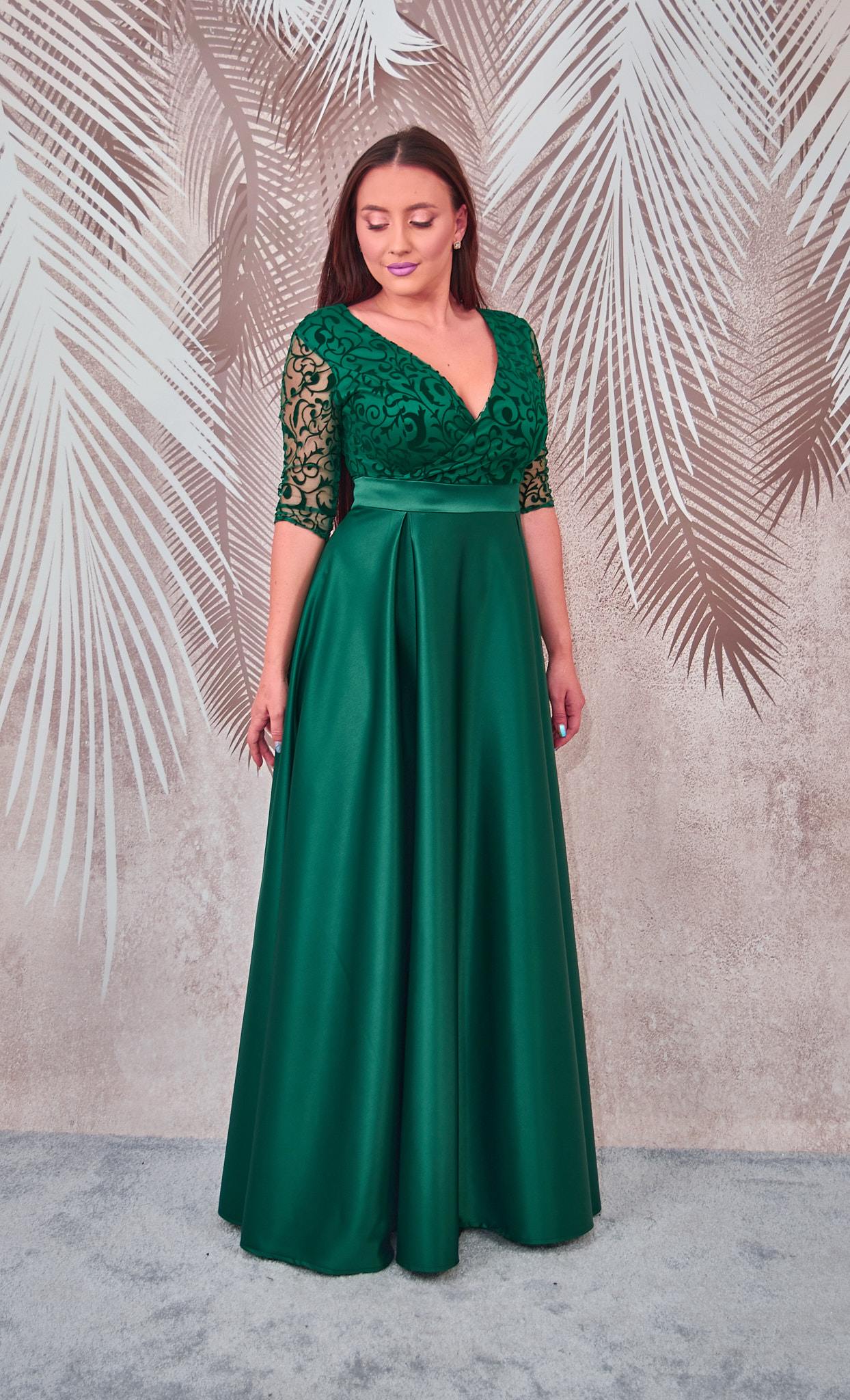 Rochie lunga din tafta verde cu broderie catifelata Carla - 3 | YEO