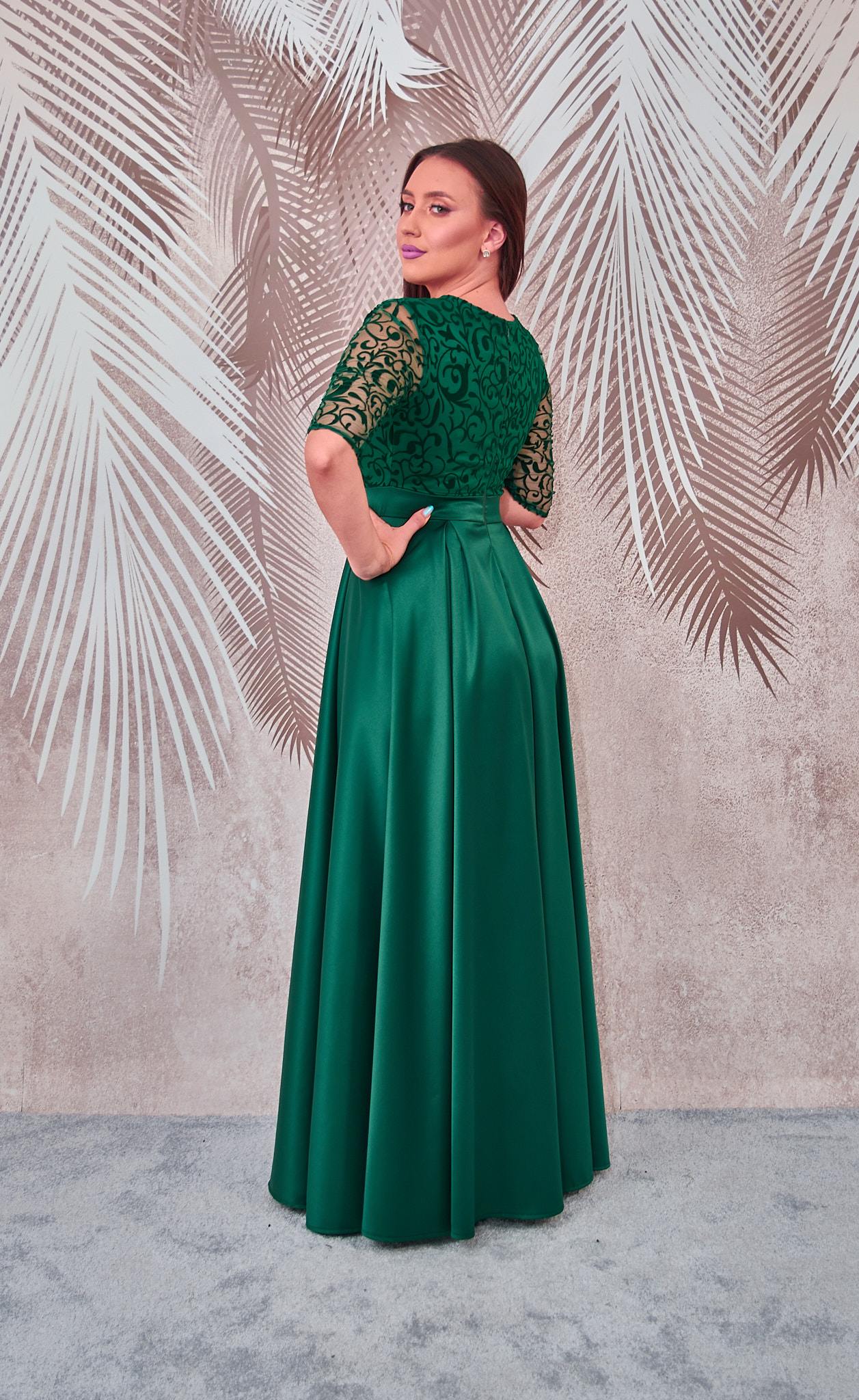 Rochie lunga din tafta verde cu broderie catifelata Carla - 5 | YEO