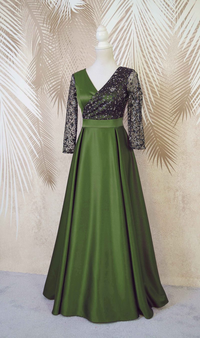 Rochie lunga din tafta kaki cu tulle cu gliter Noelia