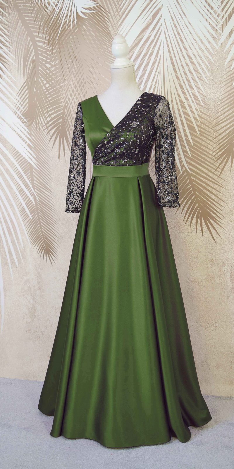 Rochie lunga din tafta kaki cu tulle cu gliter Noelia
