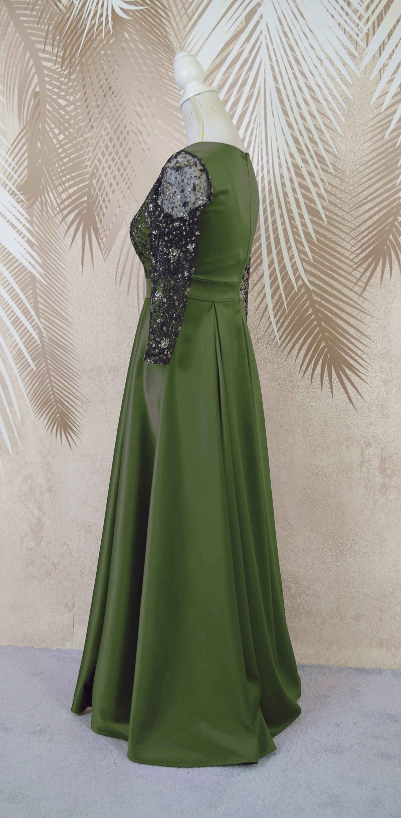 Rochie lunga din tafta kaki cu tulle cu gliter Noelia
