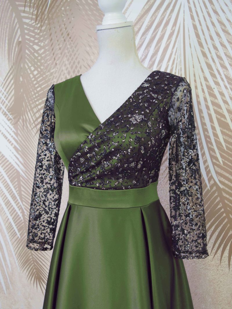 Rochie lunga din tafta kaki cu tulle cu gliter Noelia