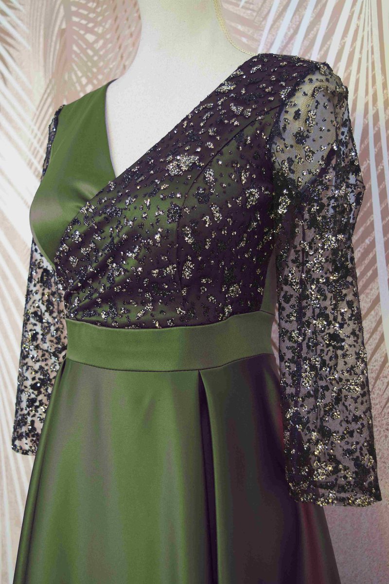 Rochie lunga din tafta kaki cu tulle cu gliter Noelia