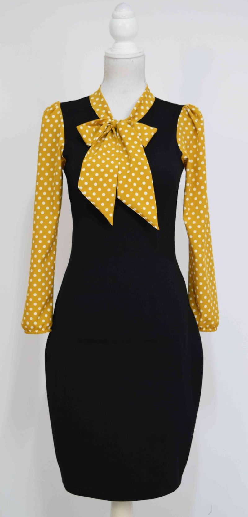 Rochie office cu detalii mustar cu buline