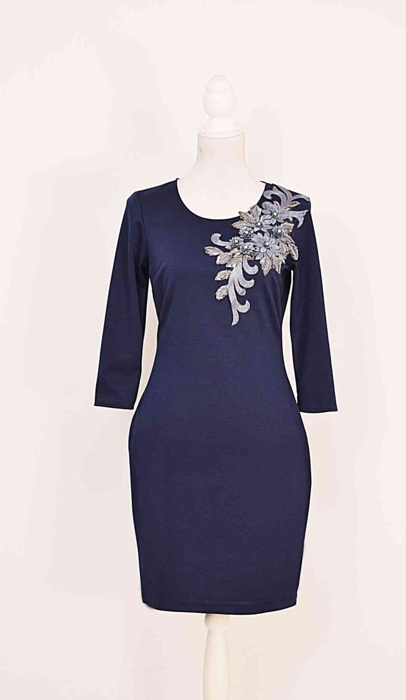 Rochie conica bleumarin cu broderie 3D