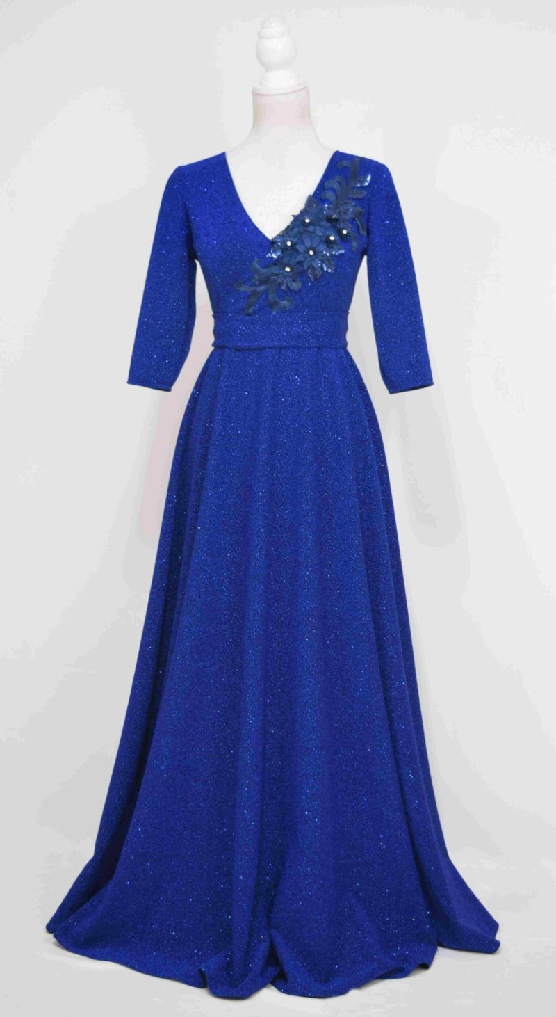 Rochie lunga din lurex albastra cu aplicatie 3D bleumarin Royal blue