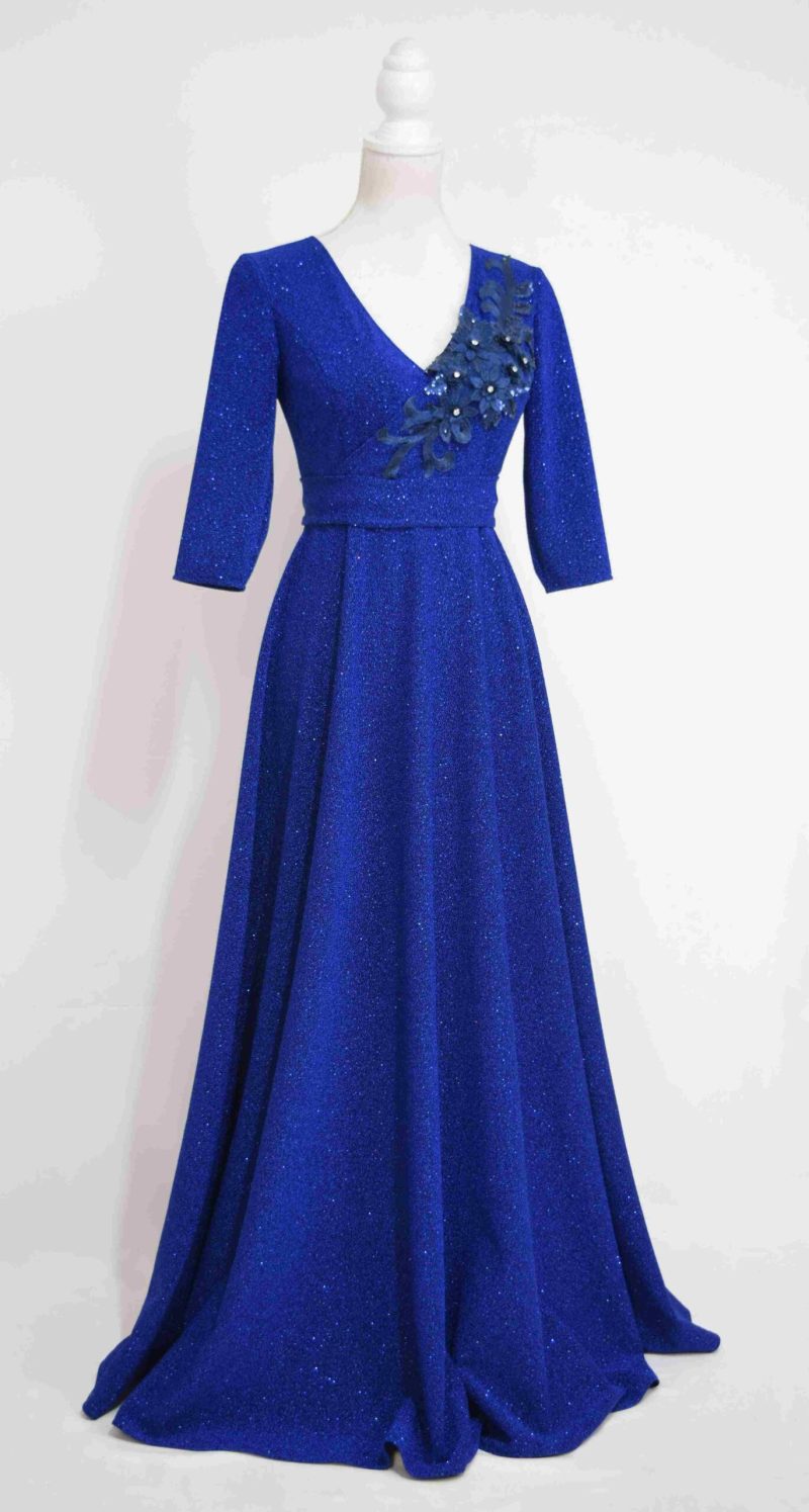 Rochie lunga din lurex albastra cu aplicatie 3D bleumarin Royal blue