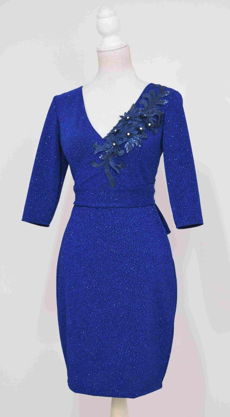 Rochie de ocazie din lurex albastra cu broderie 3D