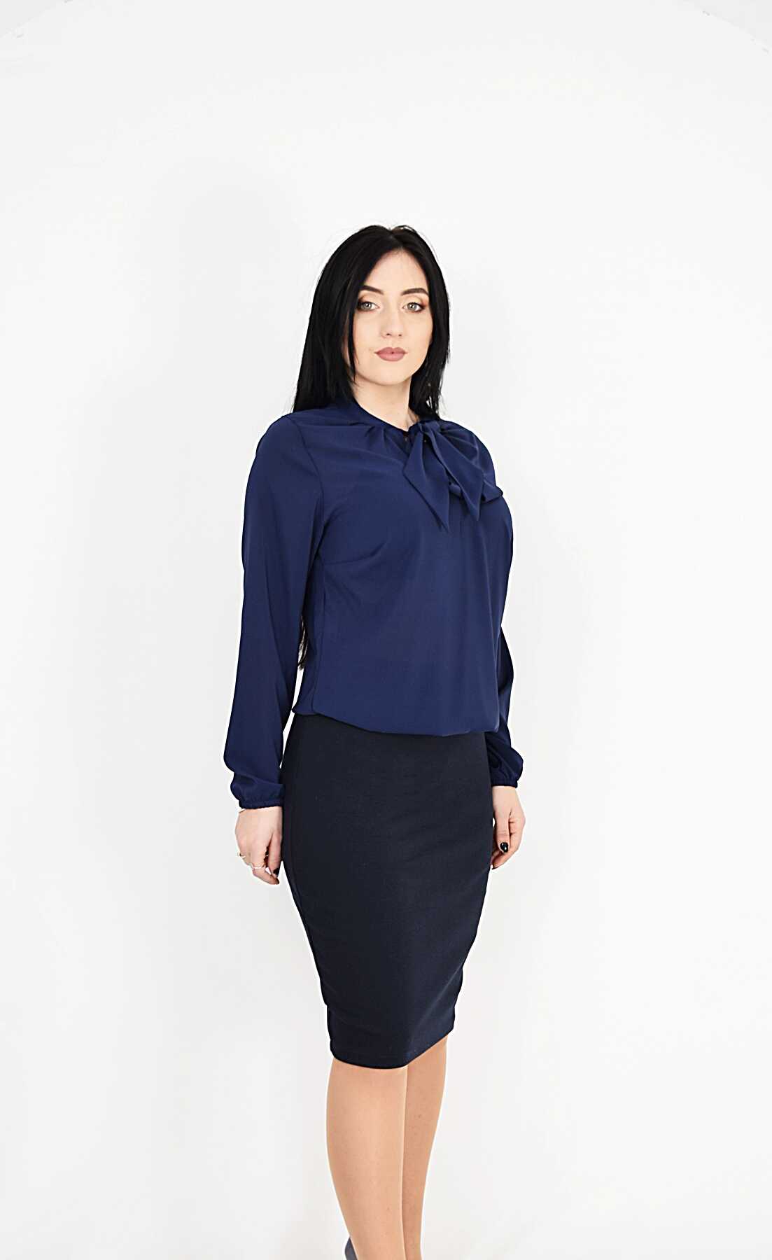 Bluza eleganta bleumarin cu esarfa - 2 | YEO