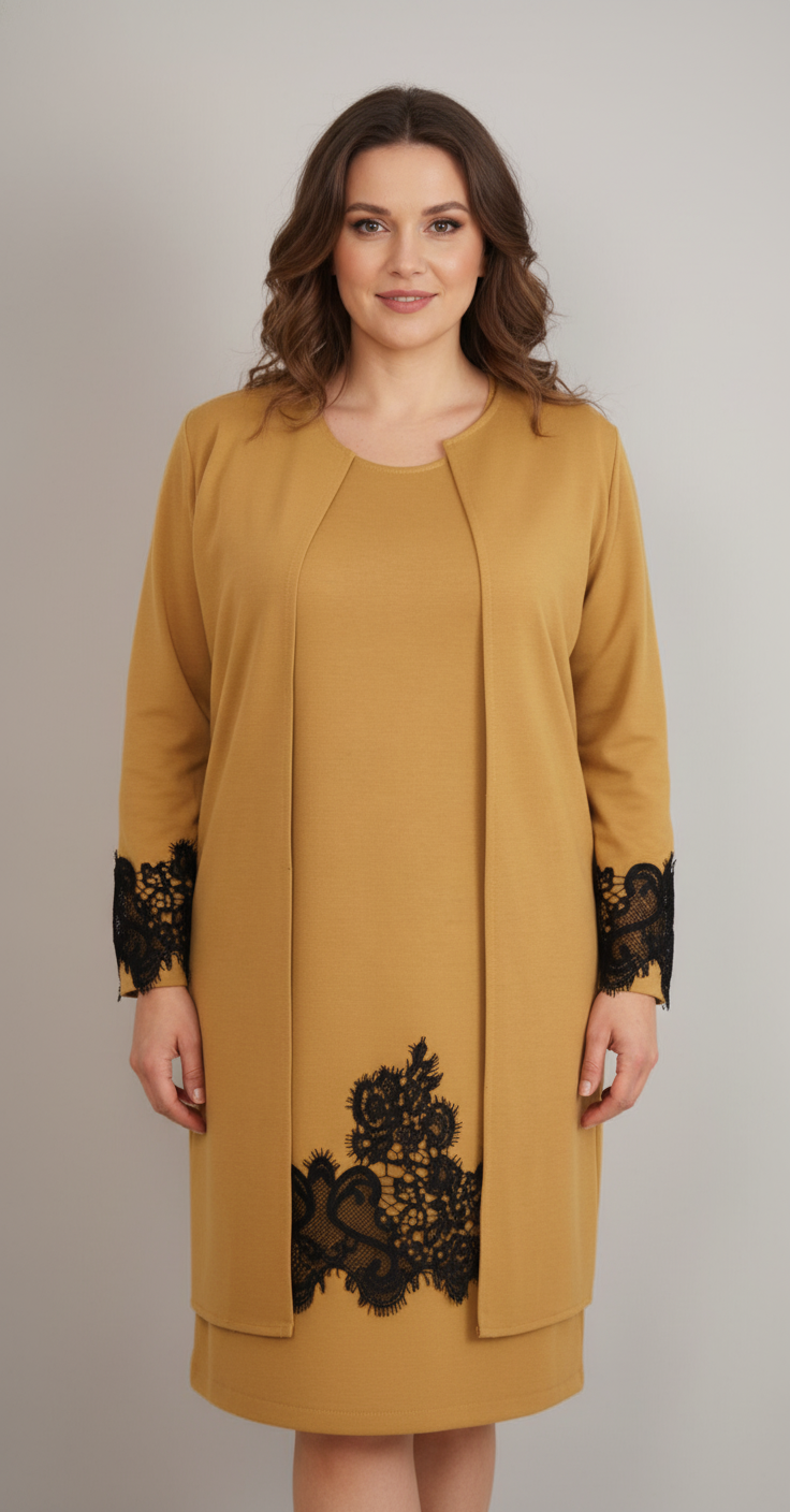 Compleu elegant mustar cu broderie Nadine