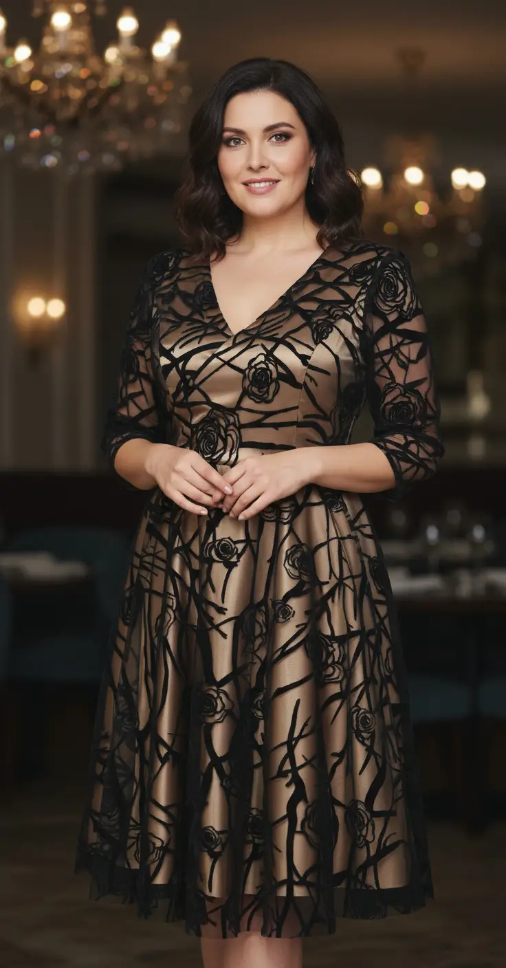 Rochie de ocazie din tiul cu broderie catifea neagra si saten bej Carmen