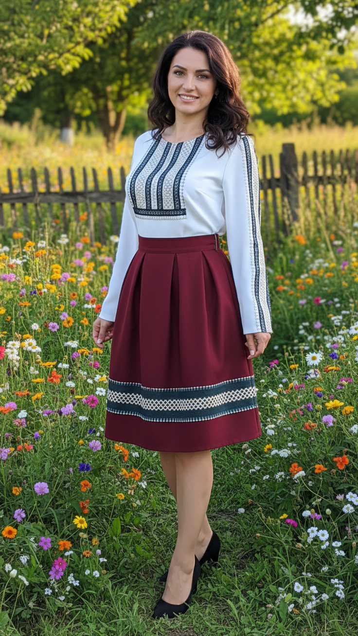 Compleu bluza alba si fusta visinie in pliuri cu broderie Ilinca