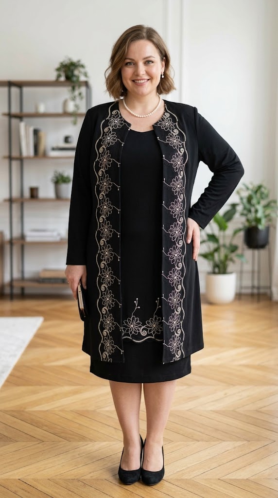 Compleu elegant negru cu broderie Melania