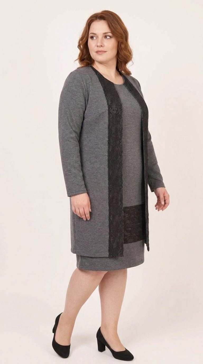 Compleu elegant gri cu broderie dantela neagra