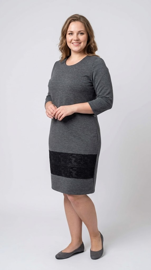 Compleu elegant gri cu broderie dantela neagra