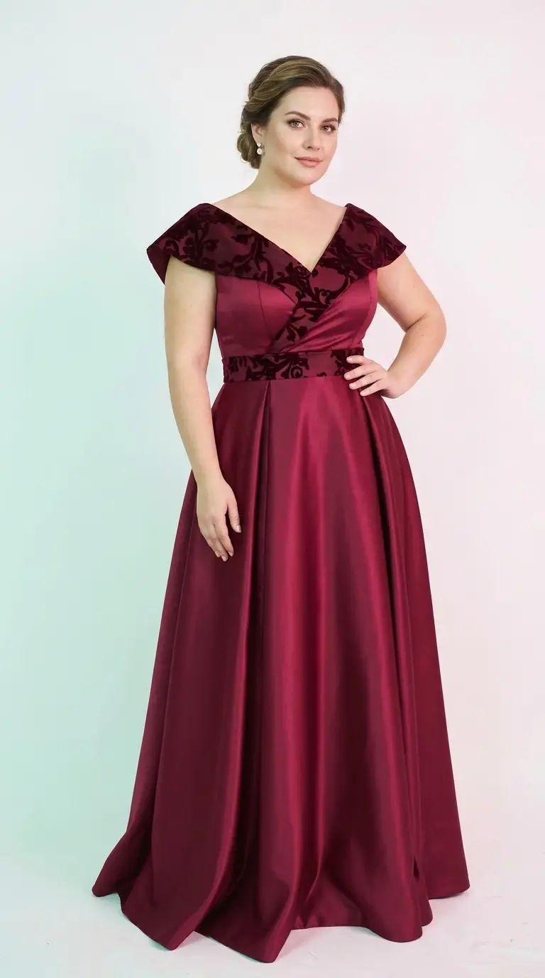 Rochie lunga din tafta si broderie din catifea visinie Victoria