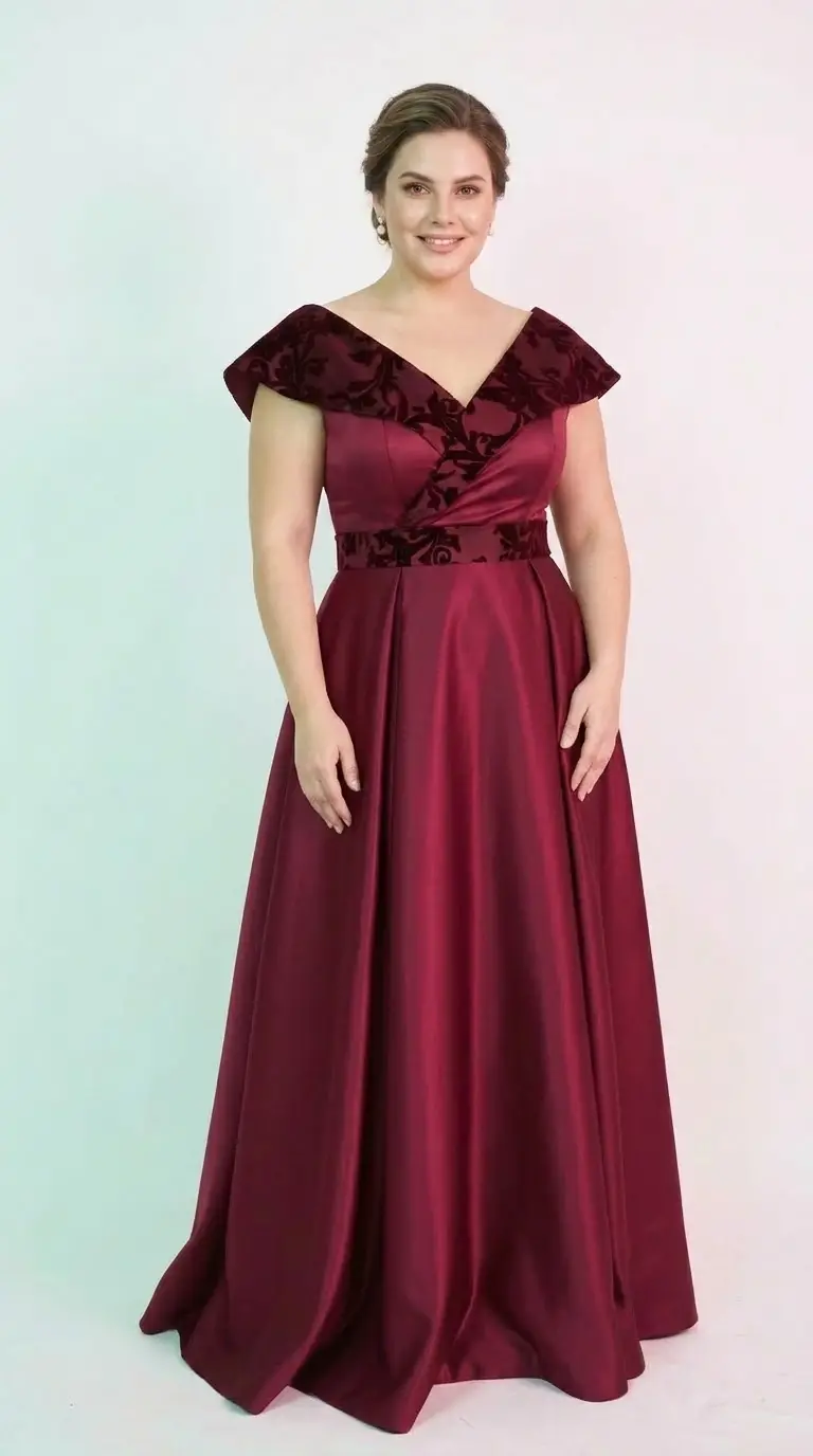 Rochie lunga din tafta si broderie din catifea visinie Victoria