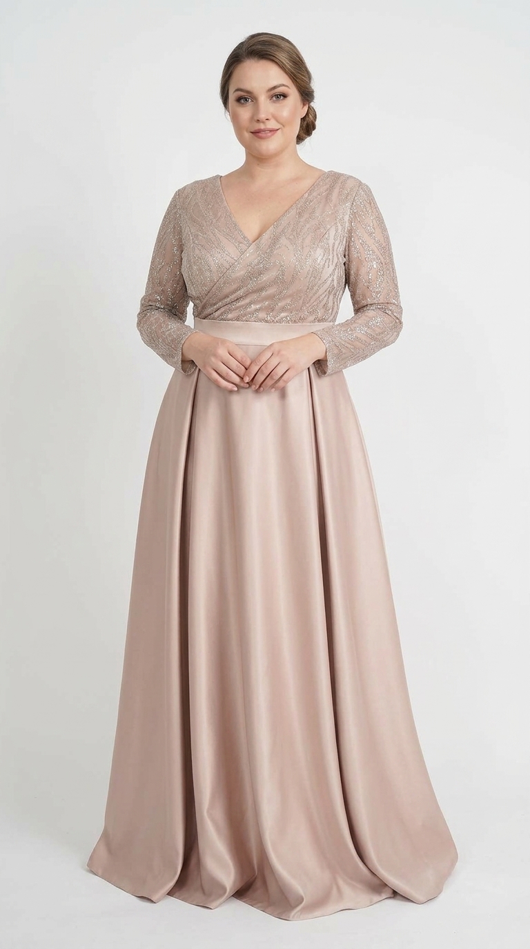 Rochie lunga din tafta bej-auriu si tiul cu gliter Sonia