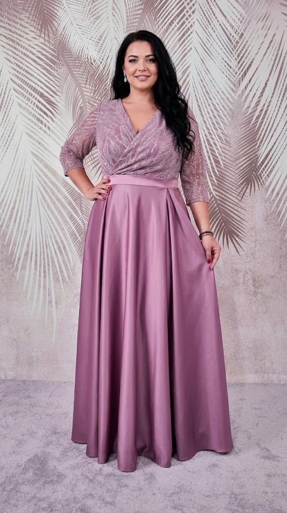 Rochie lunga de tafta roz-pruna si tiul cu gliter Sonia