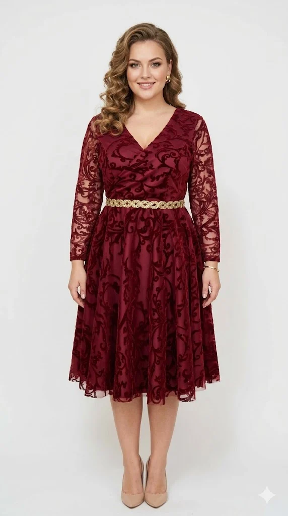 Rochie de ocazie din broderie de catifea visinie cu accesoriu auriu