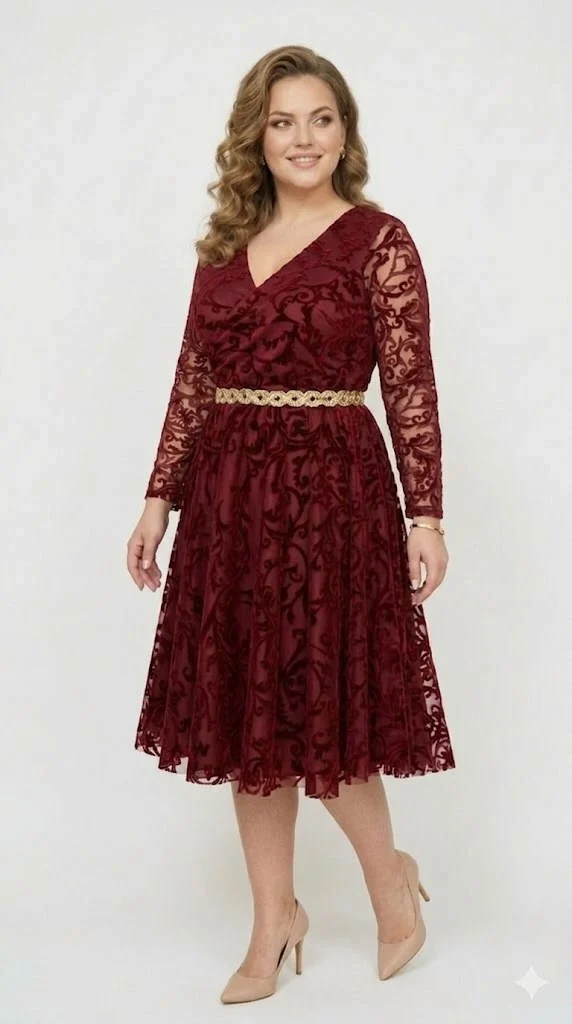 Rochie de ocazie din broderie de catifea visinie cu accesoriu auriu