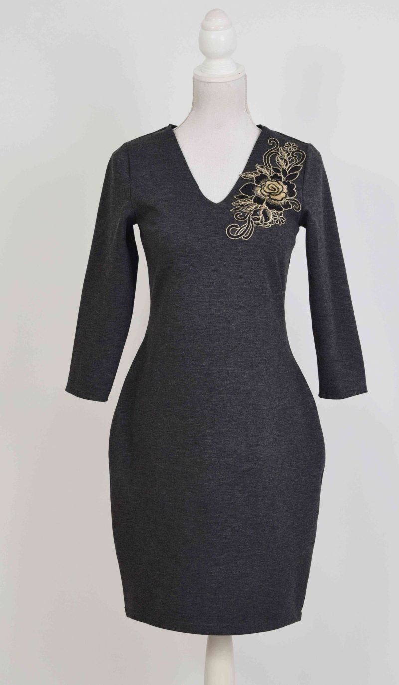 Rochie eleganta gri cu broderie florala