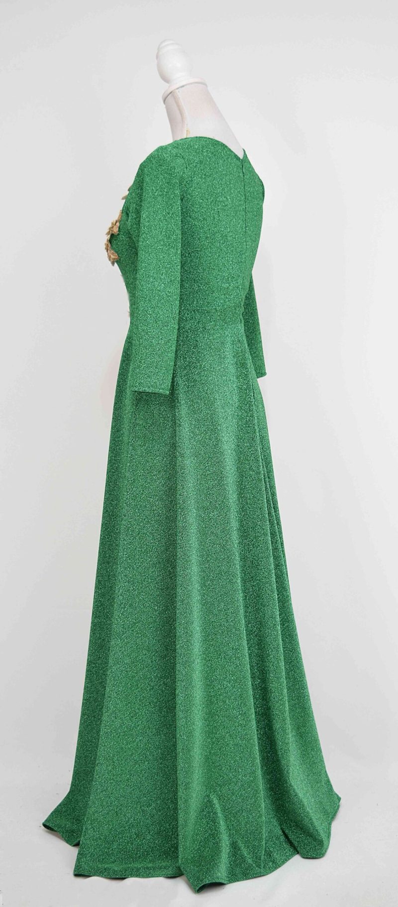 Rochie lunga din lurex verde cu aplicatie 3D neagra