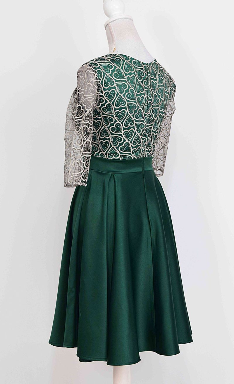 Rochie scurta verde Stefania din tafta si broderie bej-aurie