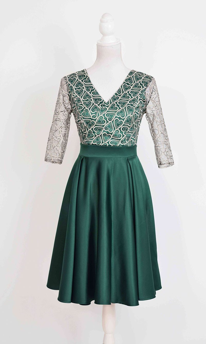 Rochie scurta verde Stefania din tafta si broderie bej-aurie